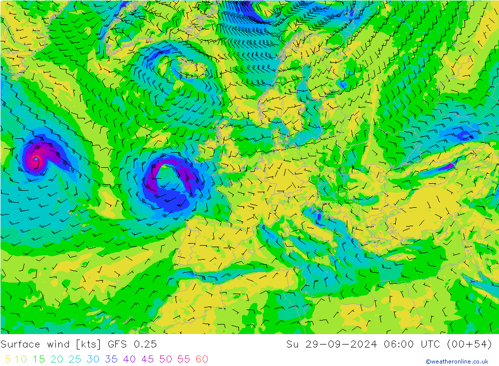 wiatr 10 m GFS 0.25 nie. 29.09.2024 06 UTC