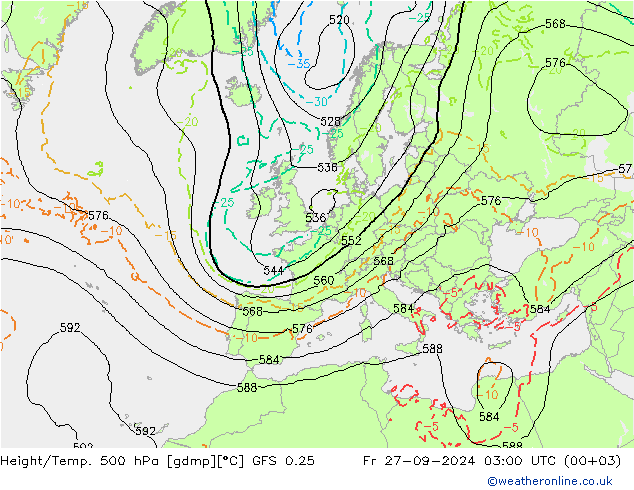 Z500/Rain (+SLP)/Z850 GFS 0.25  27.09.2024 03 UTC