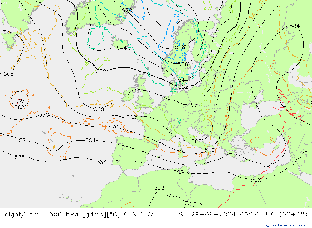 Z500/Rain (+SLP)/Z850 GFS 0.25 nie. 29.09.2024 00 UTC