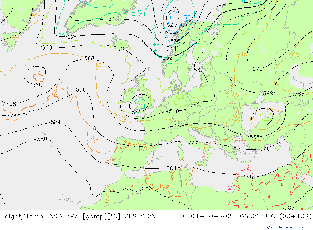 Height/Temp. 500 hPa GFS 0.25 Di 01.10.2024 06 UTC