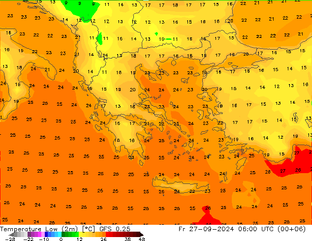 Temperature Low (2m) GFS 0.25 Fr 27.09.2024 06 UTC