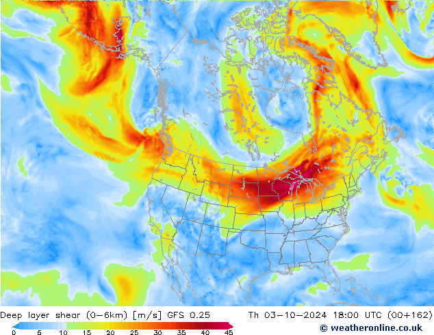 Deep layer shear (0-6km) GFS 0.25 Th 03.10.2024 18 UTC