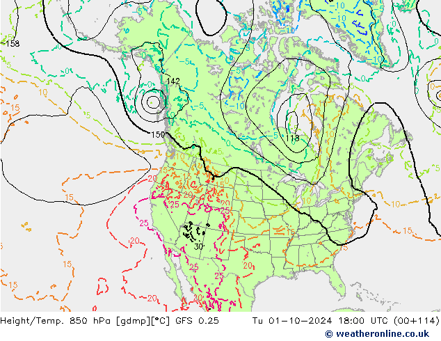 Z500/Rain (+SLP)/Z850 GFS 0.25 Tu 01.10.2024 18 UTC