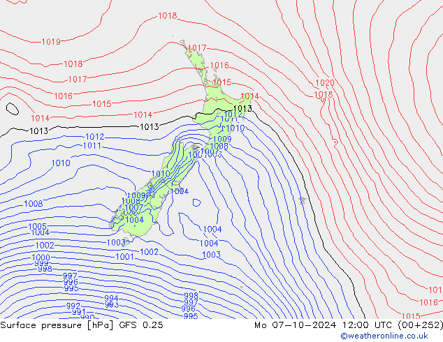 Atmosférický tlak GFS 0.25 Po 07.10.2024 12 UTC