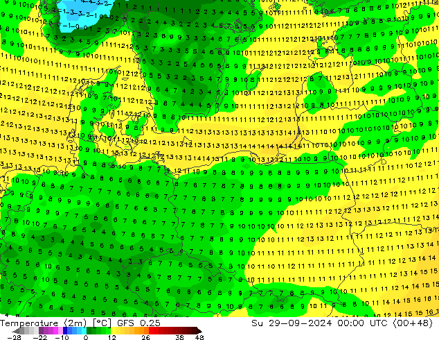 Temperatura (2m) GFS 0.25 dom 29.09.2024 00 UTC