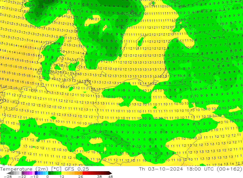 Temperatuurkaart (2m) GFS 0.25 do 03.10.2024 18 UTC