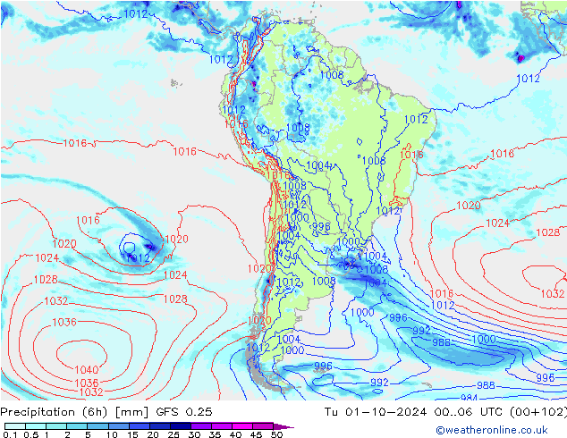 Z500/Rain (+SLP)/Z850 GFS 0.25 Tu 01.10.2024 06 UTC