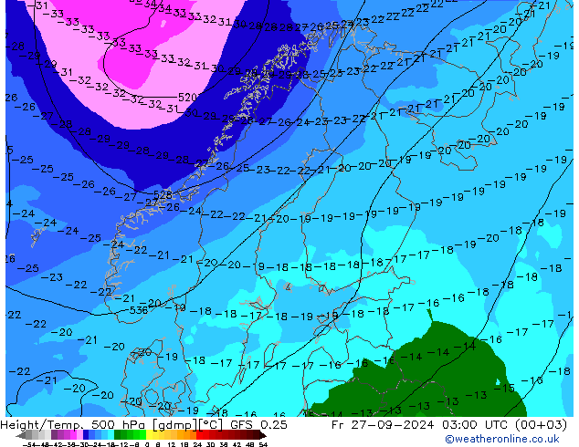 Z500/Rain (+SLP)/Z850 GFS 0.25  27.09.2024 03 UTC