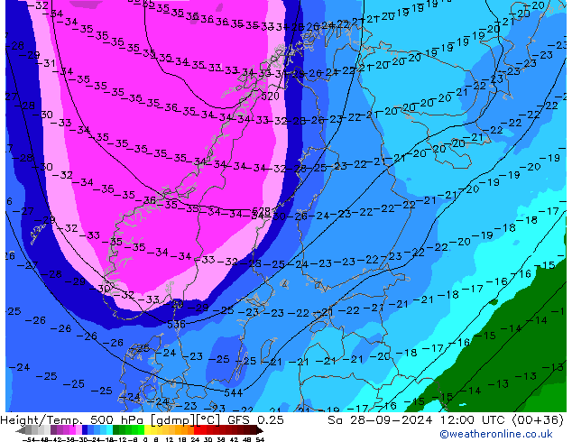 Z500/Rain (+SLP)/Z850 GFS 0.25 Sáb 28.09.2024 12 UTC