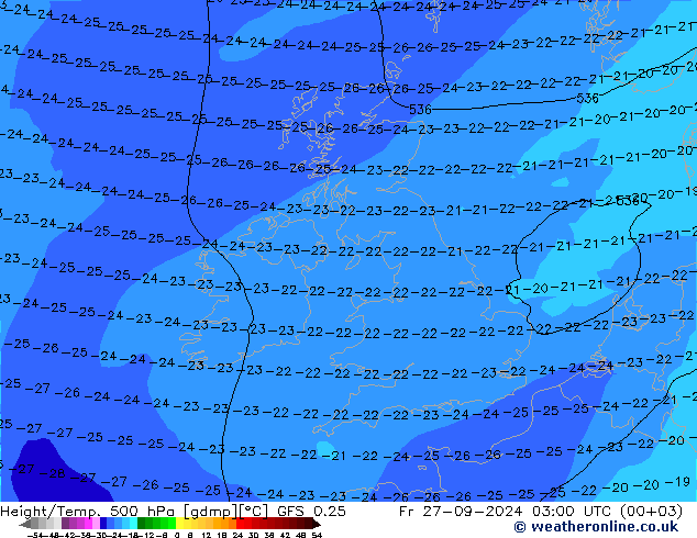 Z500/Rain (+SLP)/Z850 GFS 0.25 Fr 27.09.2024 03 UTC