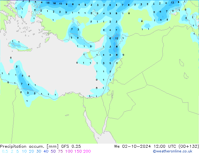 Precipitation accum. GFS 0.25 We 02.10.2024 12 UTC