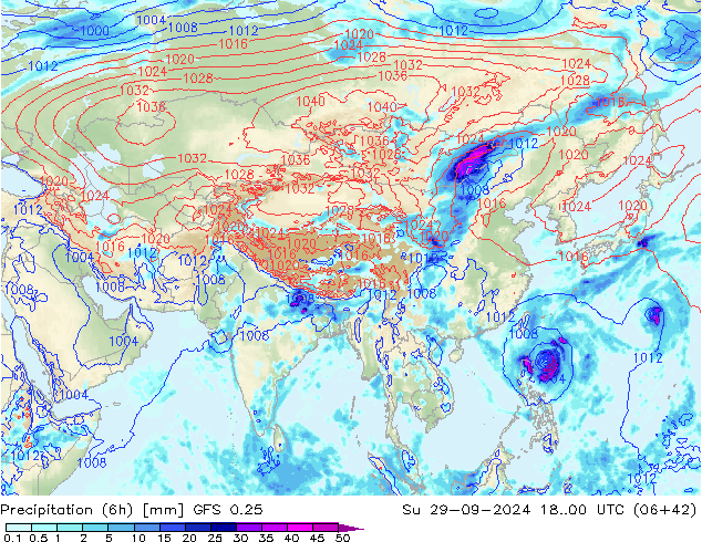 Z500/Rain (+SLP)/Z850 GFS 0.25 dom 29.09.2024 00 UTC