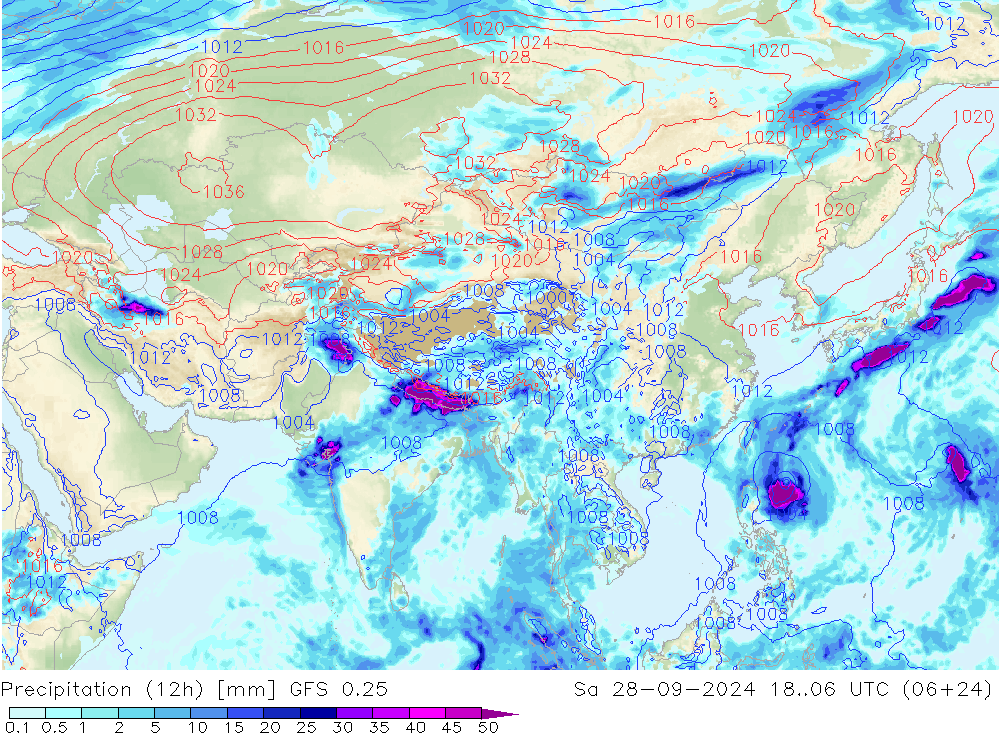 Précipitation (12h) GFS 0.25 sam 28.09.2024 06 UTC