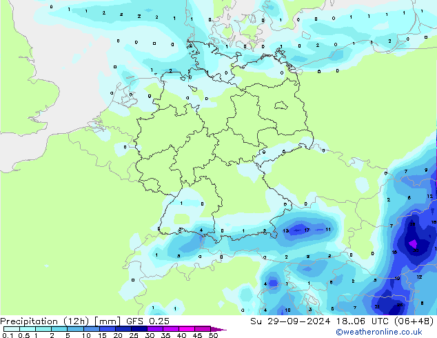 Totale neerslag (12h) GFS 0.25 zo 29.09.2024 06 UTC