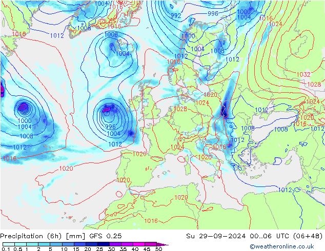 Z500/Rain (+SLP)/Z850 GFS 0.25 dom 29.09.2024 06 UTC