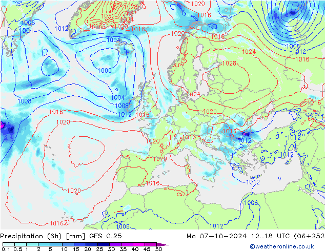 Z500/Rain (+SLP)/Z850 GFS 0.25 Mo 07.10.2024 18 UTC