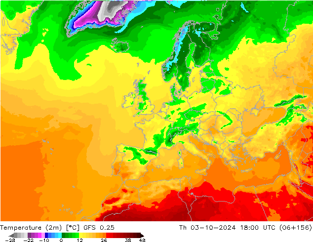 Temperatuurkaart (2m) GFS 0.25 do 03.10.2024 18 UTC