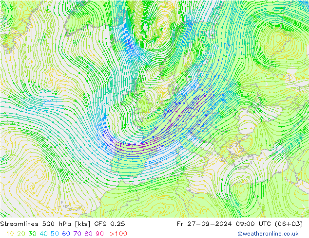 Stromlinien 500 hPa GFS 0.25 Fr 27.09.2024 09 UTC