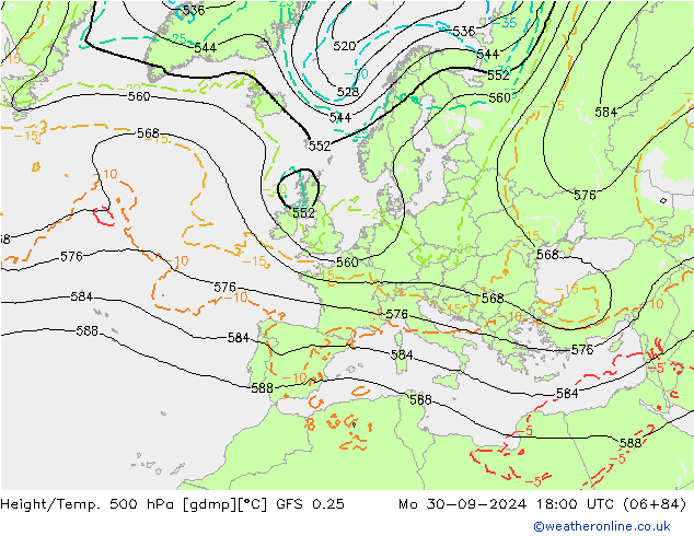 Z500/Rain (+SLP)/Z850 GFS 0.25 星期一 30.09.2024 18 UTC