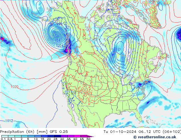 Z500/Rain (+SLP)/Z850 GFS 0.25 вт 01.10.2024 12 UTC