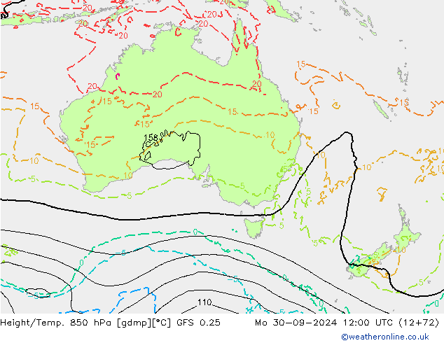 Hoogte/Temp. 850 hPa GFS 0.25 ma 30.09.2024 12 UTC