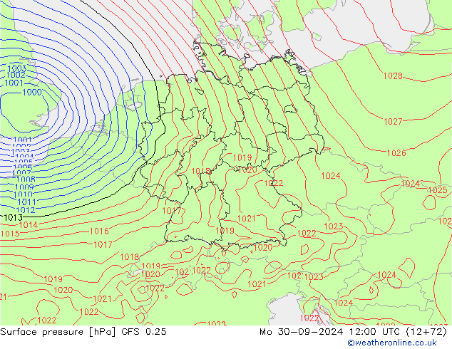 Luchtdruk (Grond) GFS 0.25 ma 30.09.2024 12 UTC