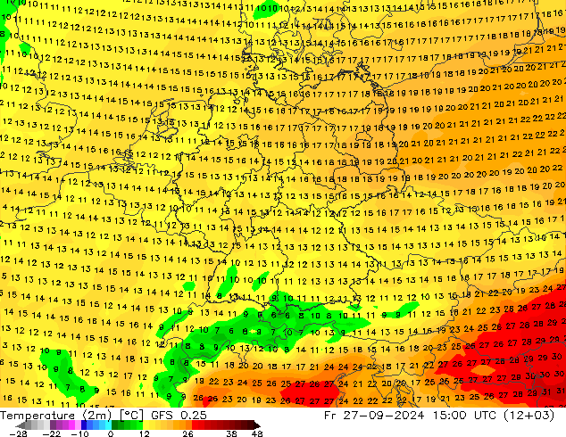 温度图 GFS 0.25 星期五 27.09.2024 15 UTC