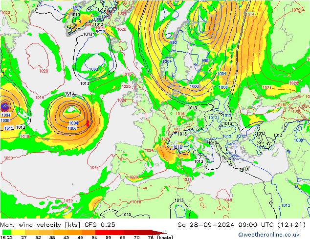 Max. wind snelheid GFS 0.25 za 28.09.2024 09 UTC