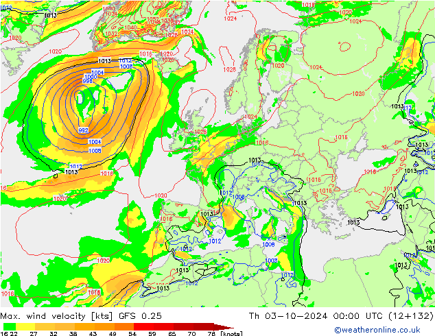 Max. wind snelheid GFS 0.25 do 03.10.2024 00 UTC