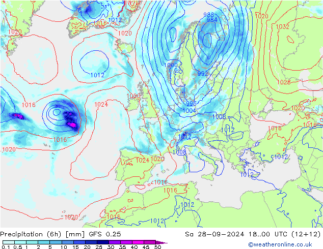 Z500/Rain (+SLP)/Z850 GFS 0.25 星期六 28.09.2024 00 UTC