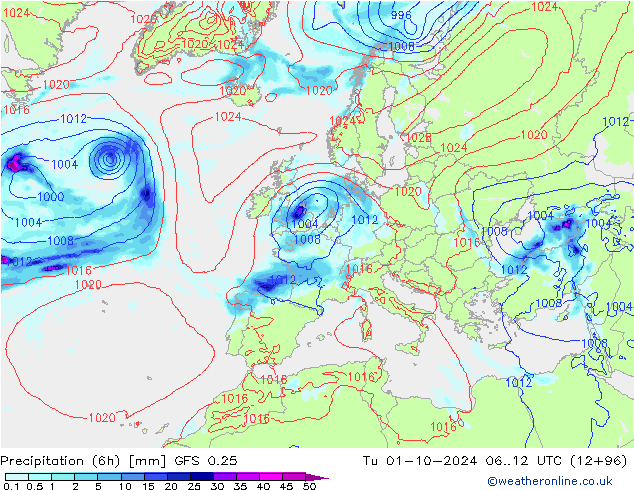 Z500/Regen(+SLP)/Z850 GFS 0.25 di 01.10.2024 12 UTC