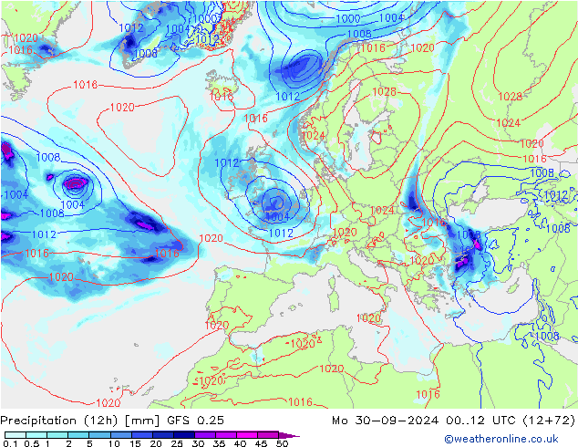 Totale neerslag (12h) GFS 0.25 ma 30.09.2024 12 UTC