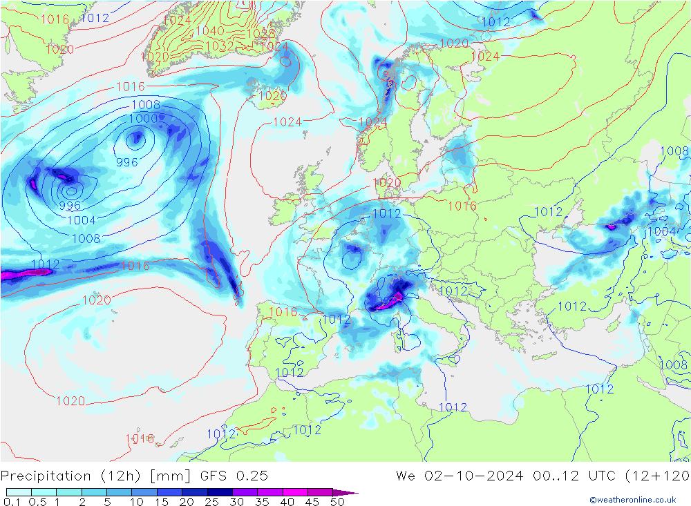 Totale neerslag (12h) GFS 0.25 wo 02.10.2024 12 UTC