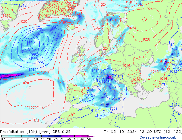 Totale neerslag (12h) GFS 0.25 do 03.10.2024 00 UTC