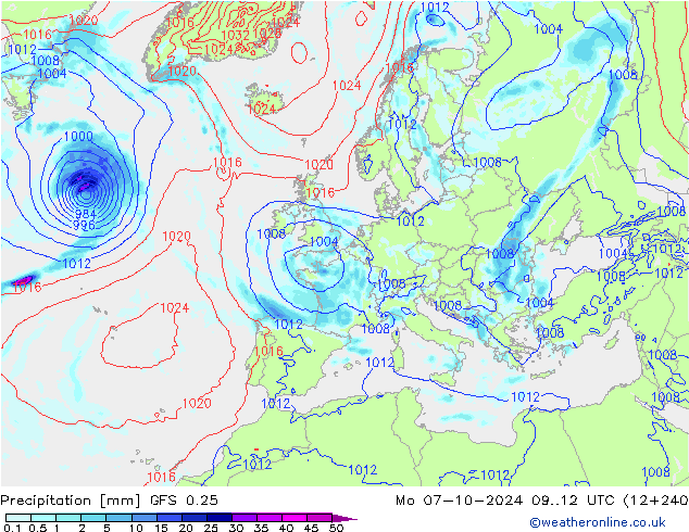 Neerslag GFS 0.25 ma 07.10.2024 12 UTC