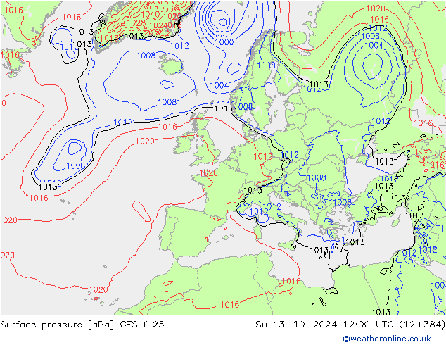 Luchtdruk (Grond) GFS 0.25 zo 13.10.2024 12 UTC