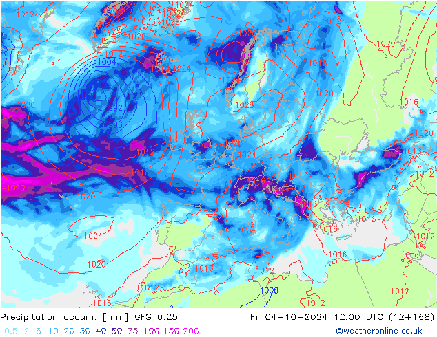 Totale neerslag GFS 0.25 vr 04.10.2024 12 UTC