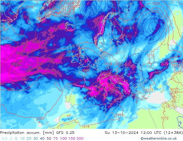 Totale neerslag GFS 0.25 zo 13.10.2024 12 UTC