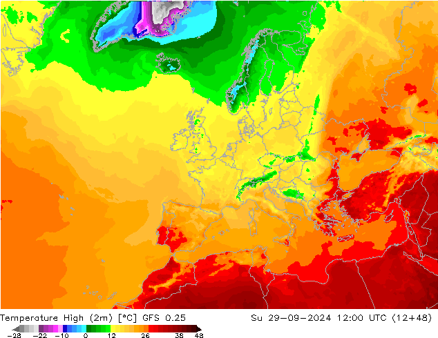 Temperature High (2m) GFS 0.25 星期日 29.09.2024 12 UTC