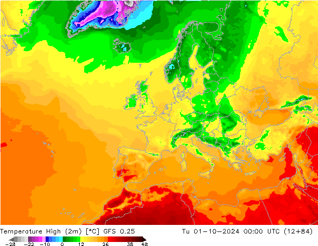 Max.temperatuur (2m) GFS 0.25 di 01.10.2024 00 UTC