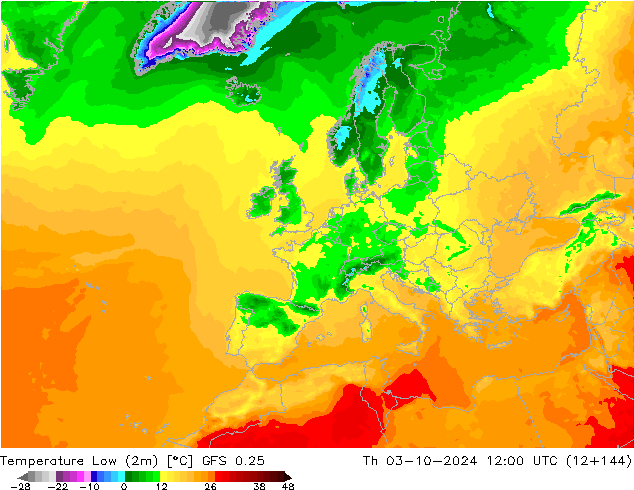 Min.temperatuur (2m) GFS 0.25 do 03.10.2024 12 UTC