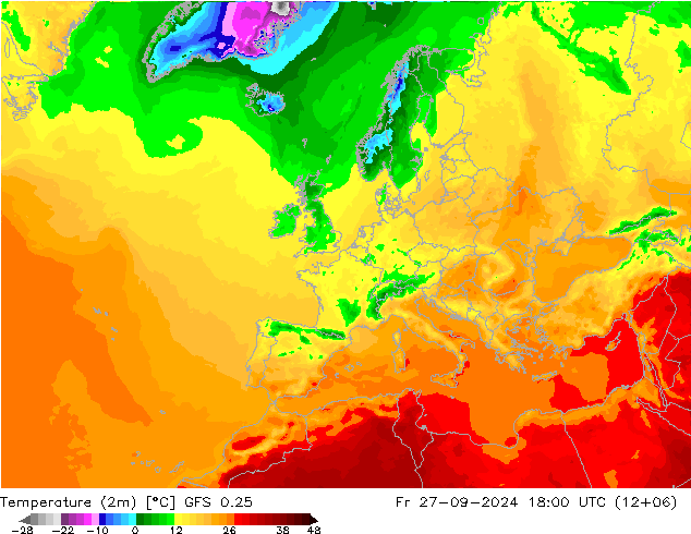 温度图 GFS 0.25 星期五 27.09.2024 18 UTC