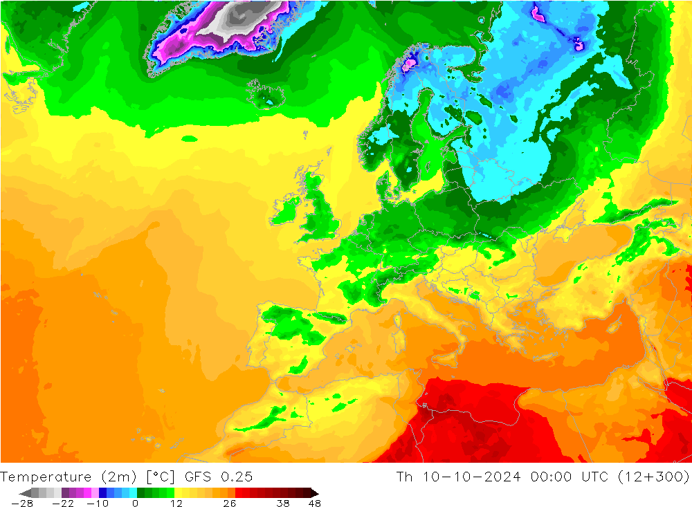 Temperatuurkaart (2m) GFS 0.25 do 10.10.2024 00 UTC