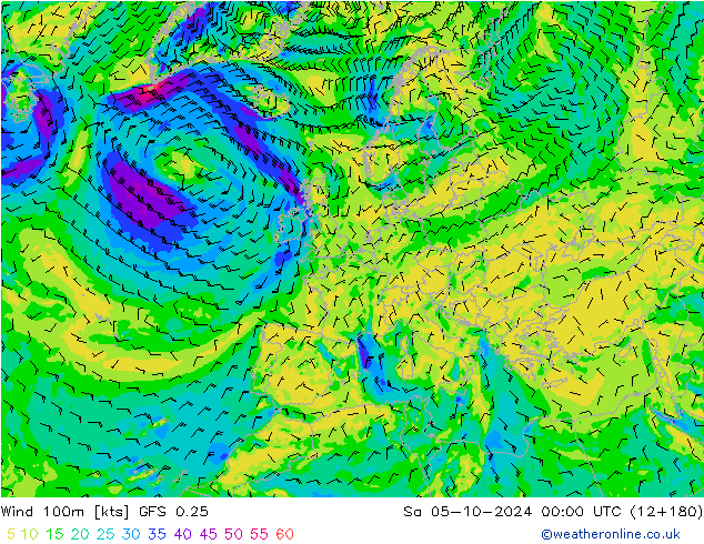 Wind 100m GFS 0.25 za 05.10.2024 00 UTC