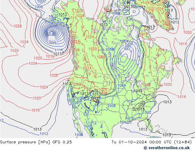 地面气压 GFS 0.25 星期二 01.10.2024 00 UTC