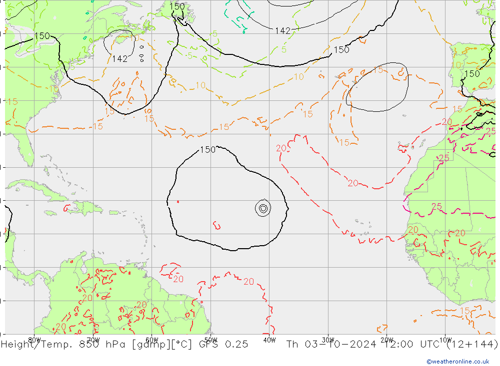 Hoogte/Temp. 850 hPa GFS 0.25 do 03.10.2024 12 UTC