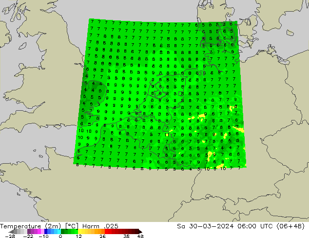карта температуры Harm .025 сб 30.03.2024 06 UTC