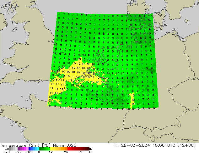 mapa temperatury (2m) Harm .025 czw. 28.03.2024 18 UTC