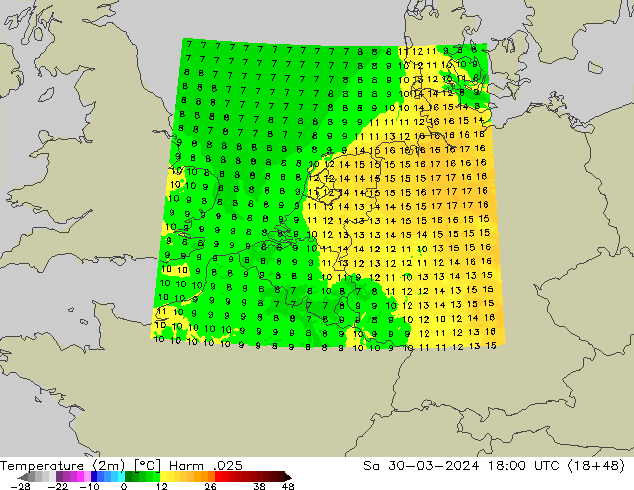 Temperature (2m) Harm .025 Sa 30.03.2024 18 UTC