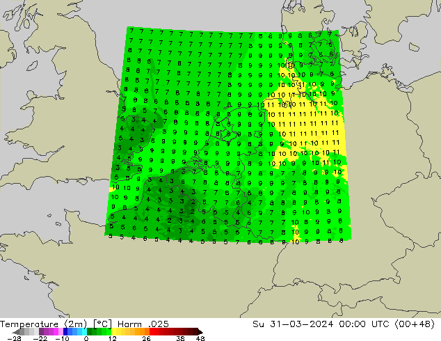 карта температуры Harm .025 Вс 31.03.2024 00 UTC
